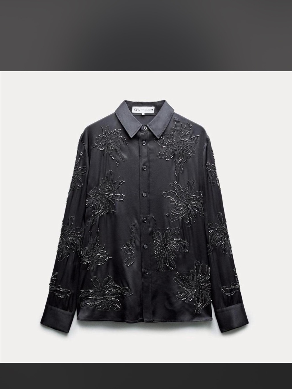 Zara Collection Black Beaded Floral Button-Down Blouse
